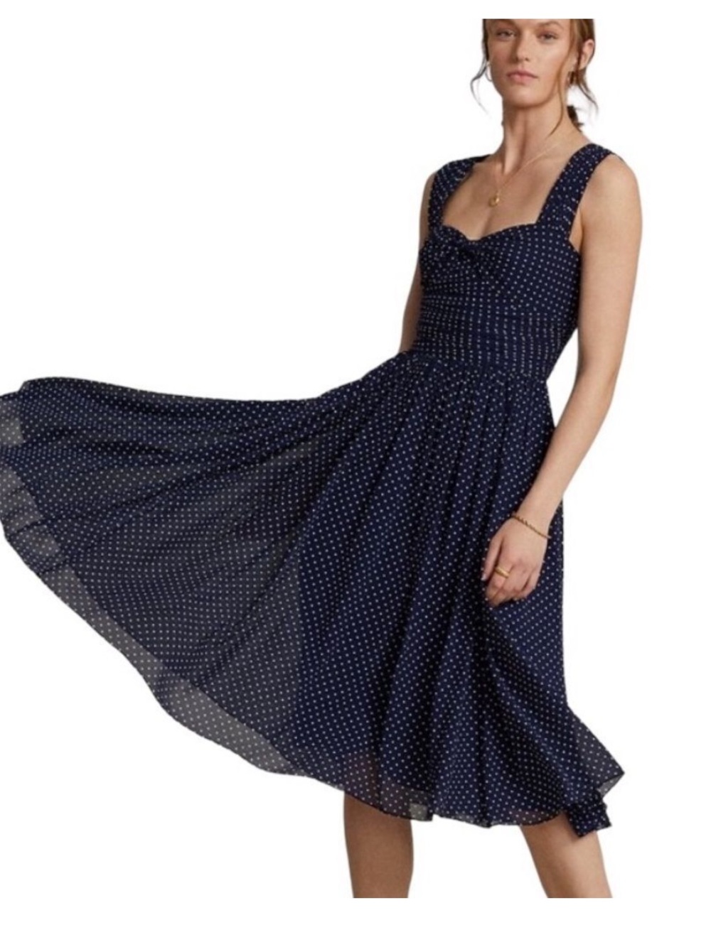 NWOT- Ralph Lauren Navy Polka Dot Midi Dress -